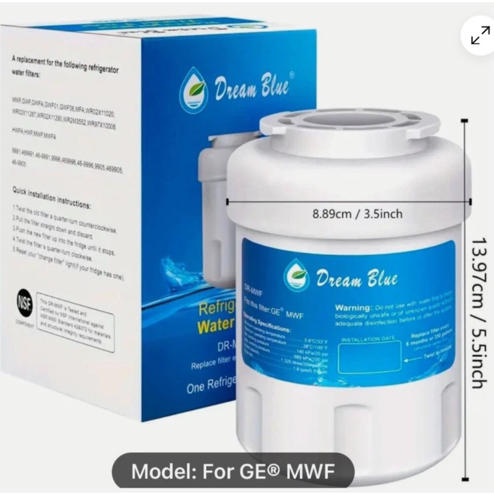 DR-MWF Dream Blue Refrigerator Water Filter fits for GE-MWF Set of 2 pcs - Picture 6 of 11